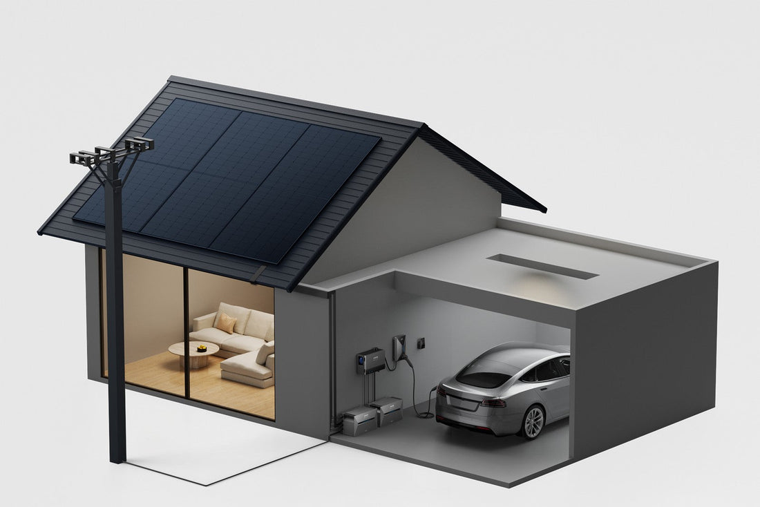 Bestehende Photovoltaikanlage auf einem Einfamilienhaus, daneben ein neu installierter Batteriespeicher im Keller mit Wechselrichter und Anzeigetafel