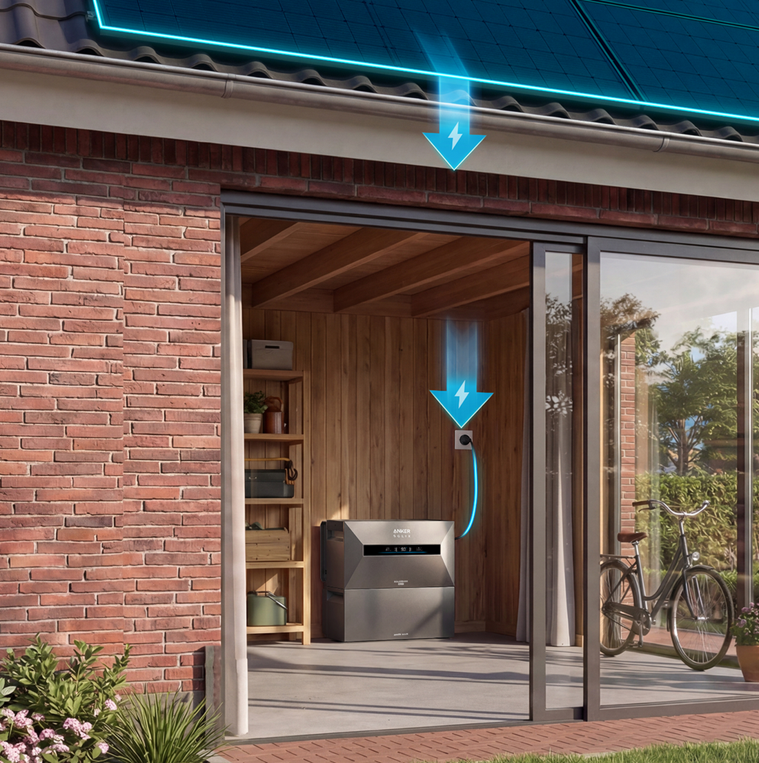 Smartphone zeigt die Einrichtungs-App eines Solarstromspeichers mit Verbindungsstatus und Geräteerkennung