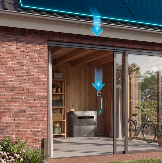 Smartphone zeigt die Einrichtungs-App eines Solarstromspeichers mit Verbindungsstatus und Geräteerkennung