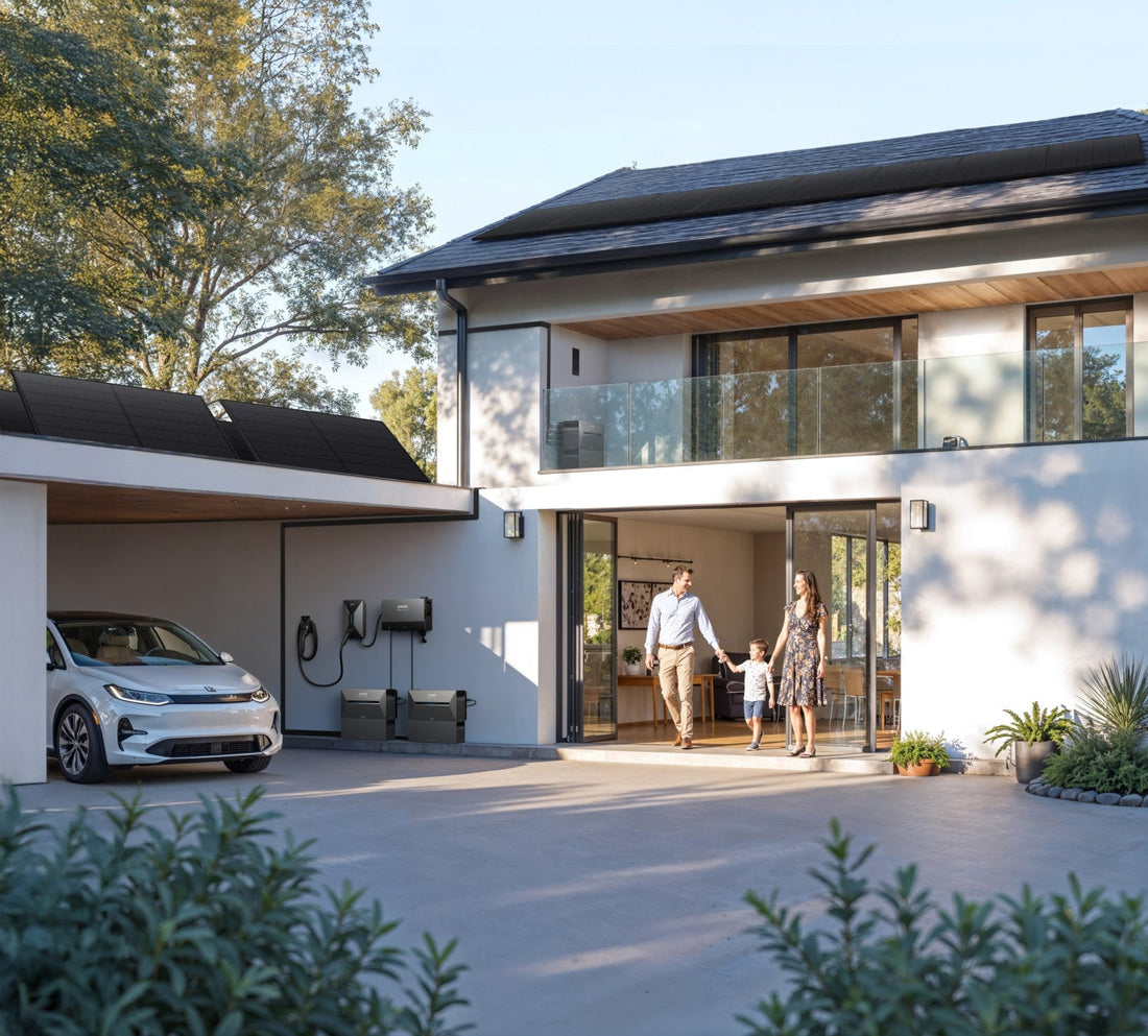 Solarspeicher vor einem Einfamilienhaus mit Ost-West-Dach und flacher Ertragskurve am Morgen und Abend